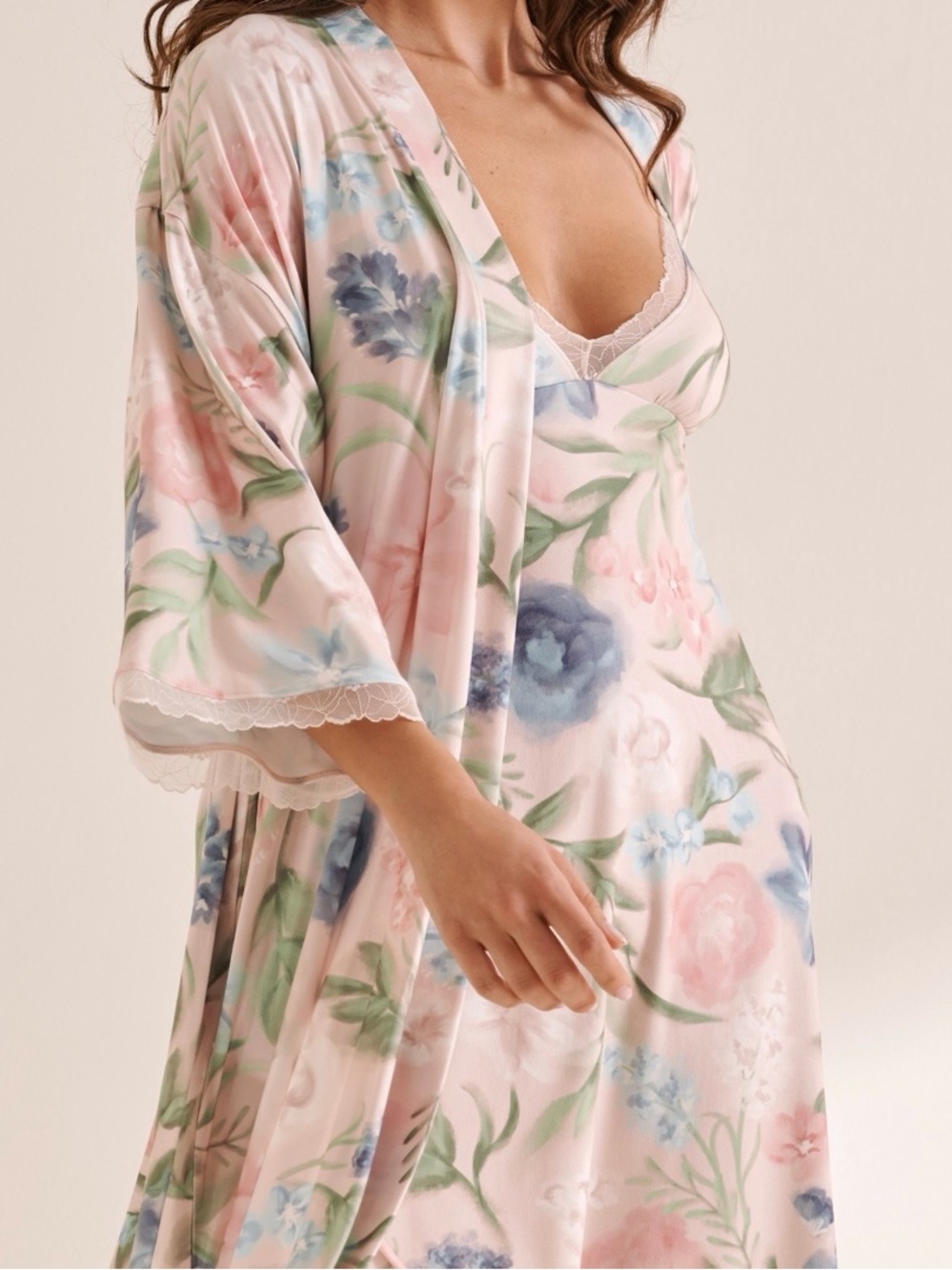 Floral Satin Sleep Chemise and Robe Set - Pink Garden Size Large
